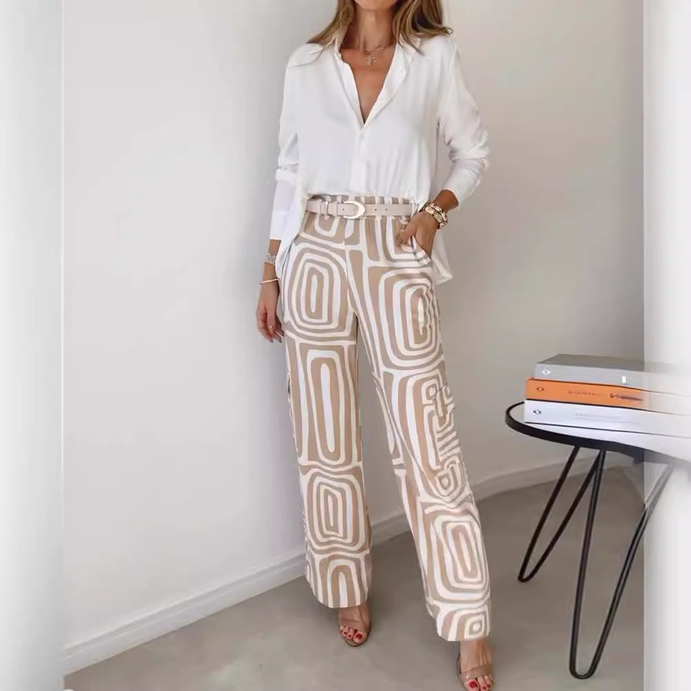 Wide-Leg Trousers & Relaxed Shirt Co-Ord Set in Geometric Print - khaki full outfit front view