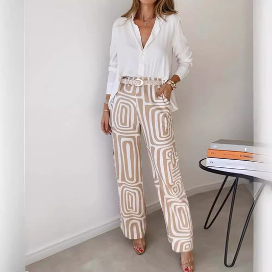 Wide-Leg Trousers & Relaxed Shirt Co-Ord Set in Geometric Print - khaki full outfit front view