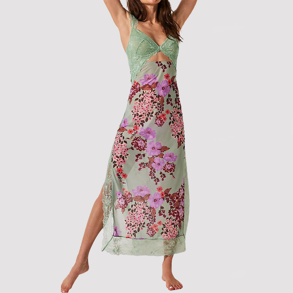 Maxi Dress with Lace Bodice and Floral Print - green front view