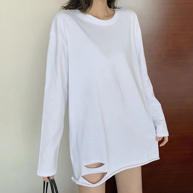 Longline Top in White with Plain or Distressed Hem - white distressed hem standing front view