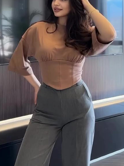 Peplum Crop Top with Flared Short Sleeves - brown close-up front view