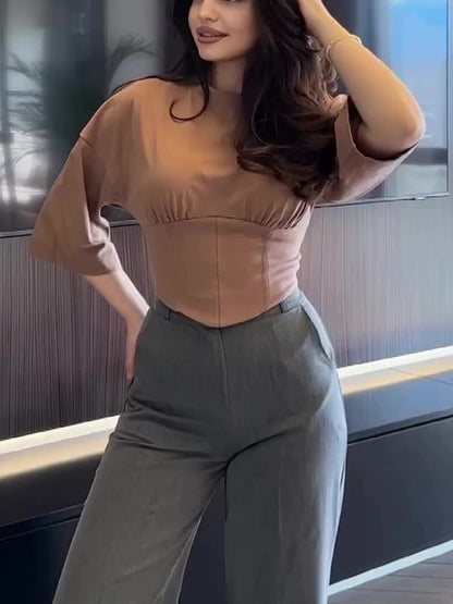 Peplum Crop Top with Flared Short Sleeves - brown close-up front view
