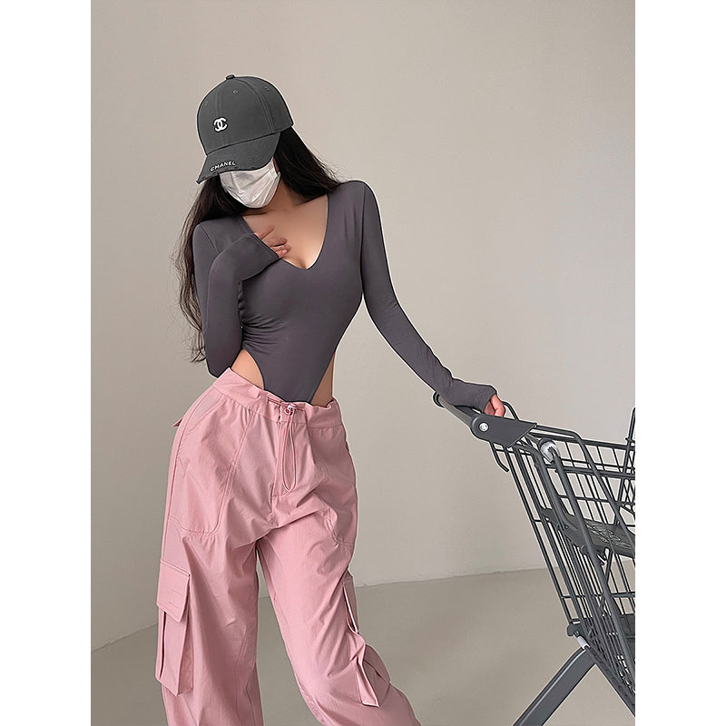 Bodysuit with V-Neck and Long Sleeves in Stretch Cotton - dark grey full-length view