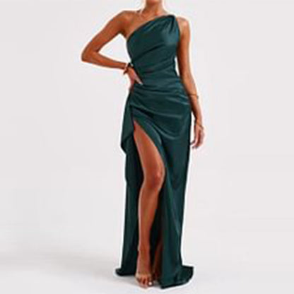 Maxi Dress in Satin with One-Shoulder Open Back and Split - emerald front view