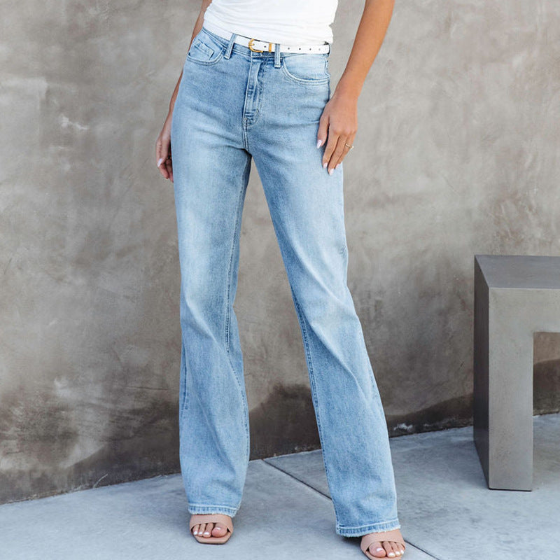 Straight-Leg Jeans in Light Wash Denim - front waist and leg detail