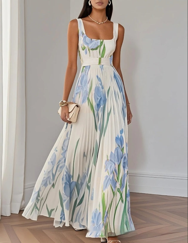 Maxi Dress in Watercolour Floral Print - Blue front view