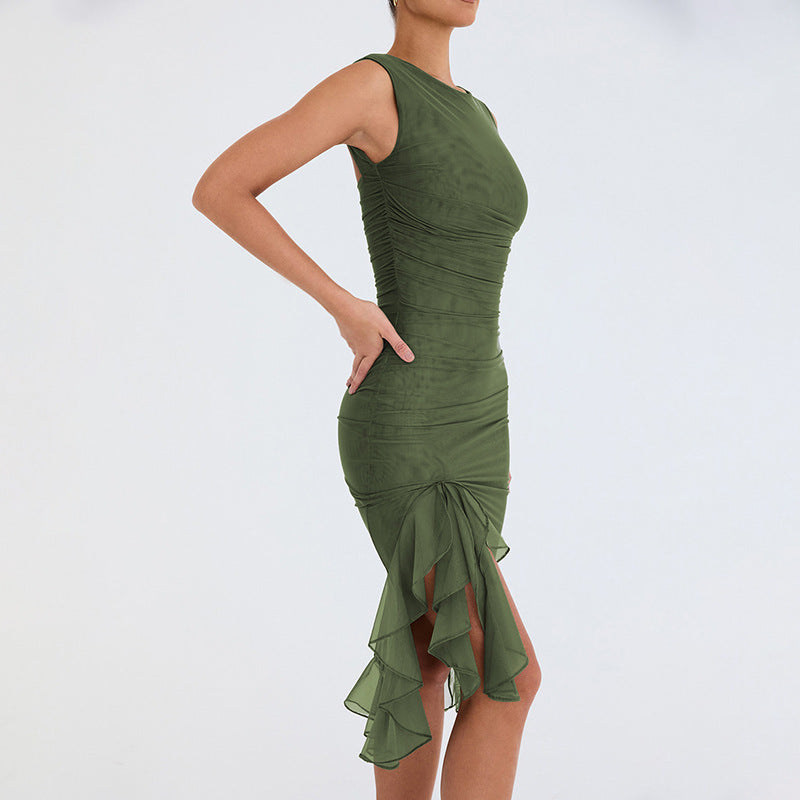 Midi Dress in Sleeveless Ruched Bodycon with Sheer Hem - olive green side view