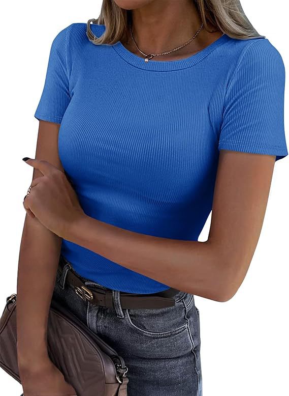 T-Shirt in Sculpting Ribbed Stretch - cobalt blue front view
