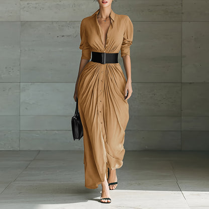 Maxi Shirt Dress with Draped Skirt and Wide Waist Belt - khaki front full-length view