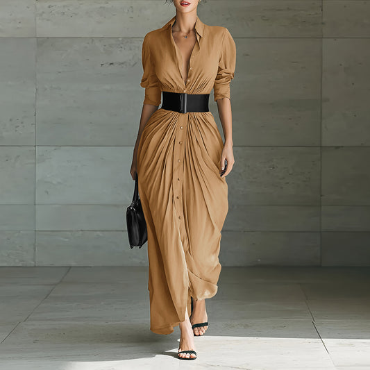 Maxi Shirt Dress with Draped Skirt and Wide Waist Belt - khaki front full-length view