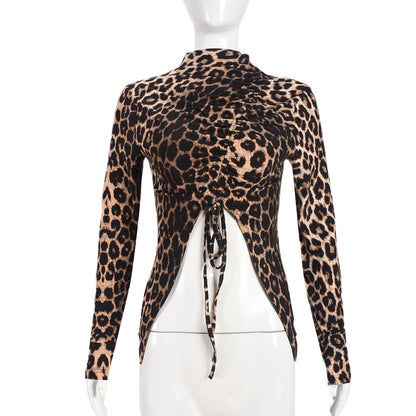 Mesh Top in Leopard Print with Drawstring Front - leopard print mannequin front view