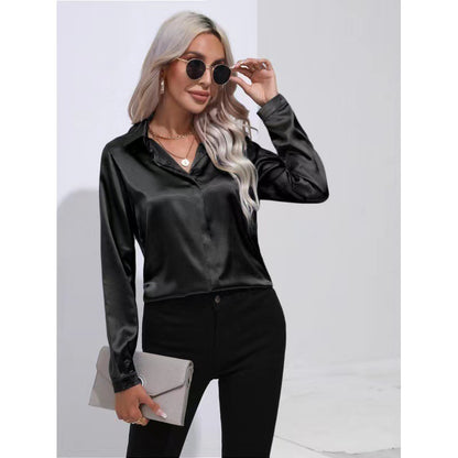 Blouse in Satin with Open Collar and Long Sleeves - black front view