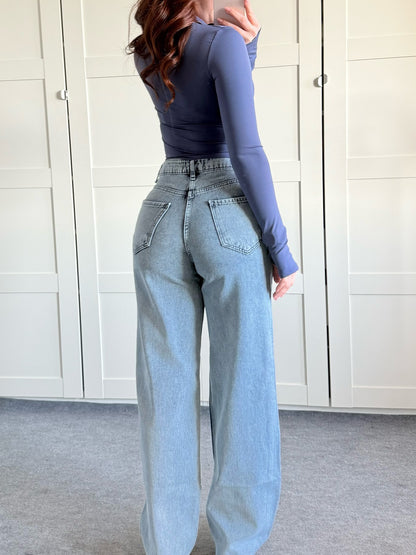 Blue Washed Wide-Leg Bow-Waist Jeans - back view