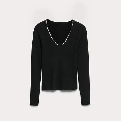 Long Sleeve Top in Black with Pearl-Trim Neckline - black product front view