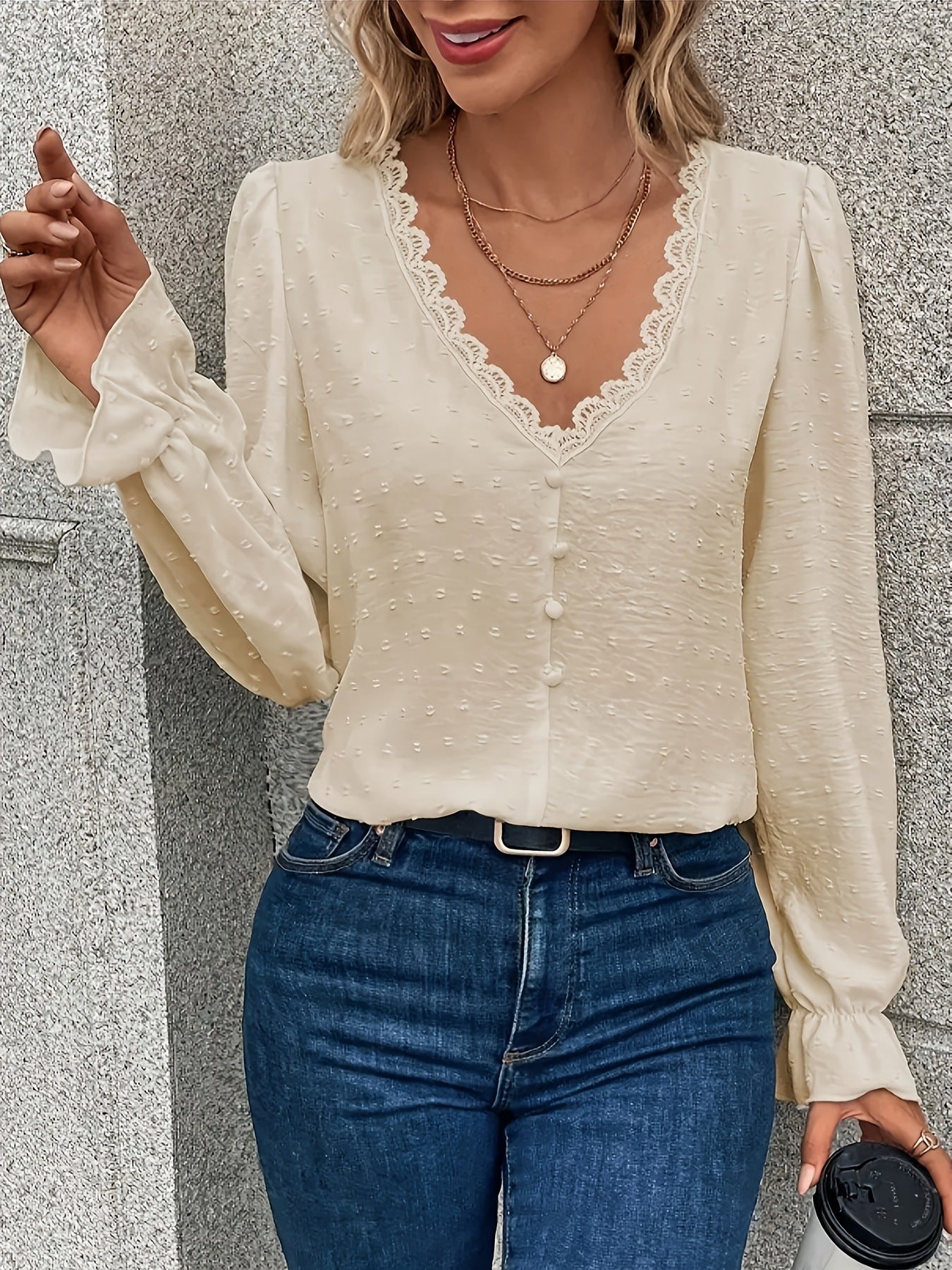 Blouse with Scalloped V-Neck and Button Front - apricot angled front view