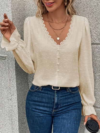 Blouse with Scalloped V-Neck and Button Front - apricot angled front view