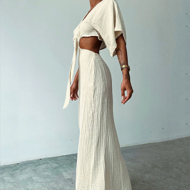 Maxi Dress with Tie-Front Cut-Out - milky white side view