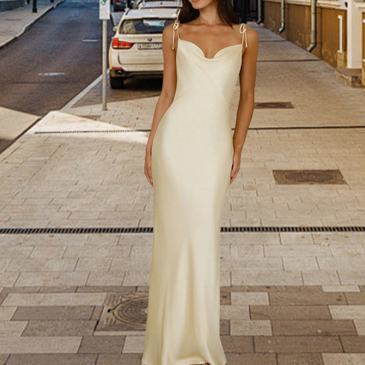 Maxi Dress in Satin with Tie-Shoulder Straps - Creamy white front view