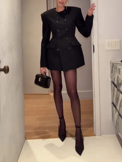 Blazer Mini Dress in Black with Double-Breasted Front - black full front view with handbag