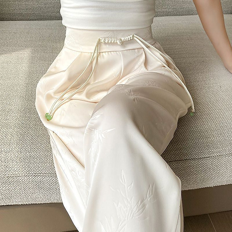 Wide-Leg Trousers in Satin-Feel Jacquard - apricot seated waist detail