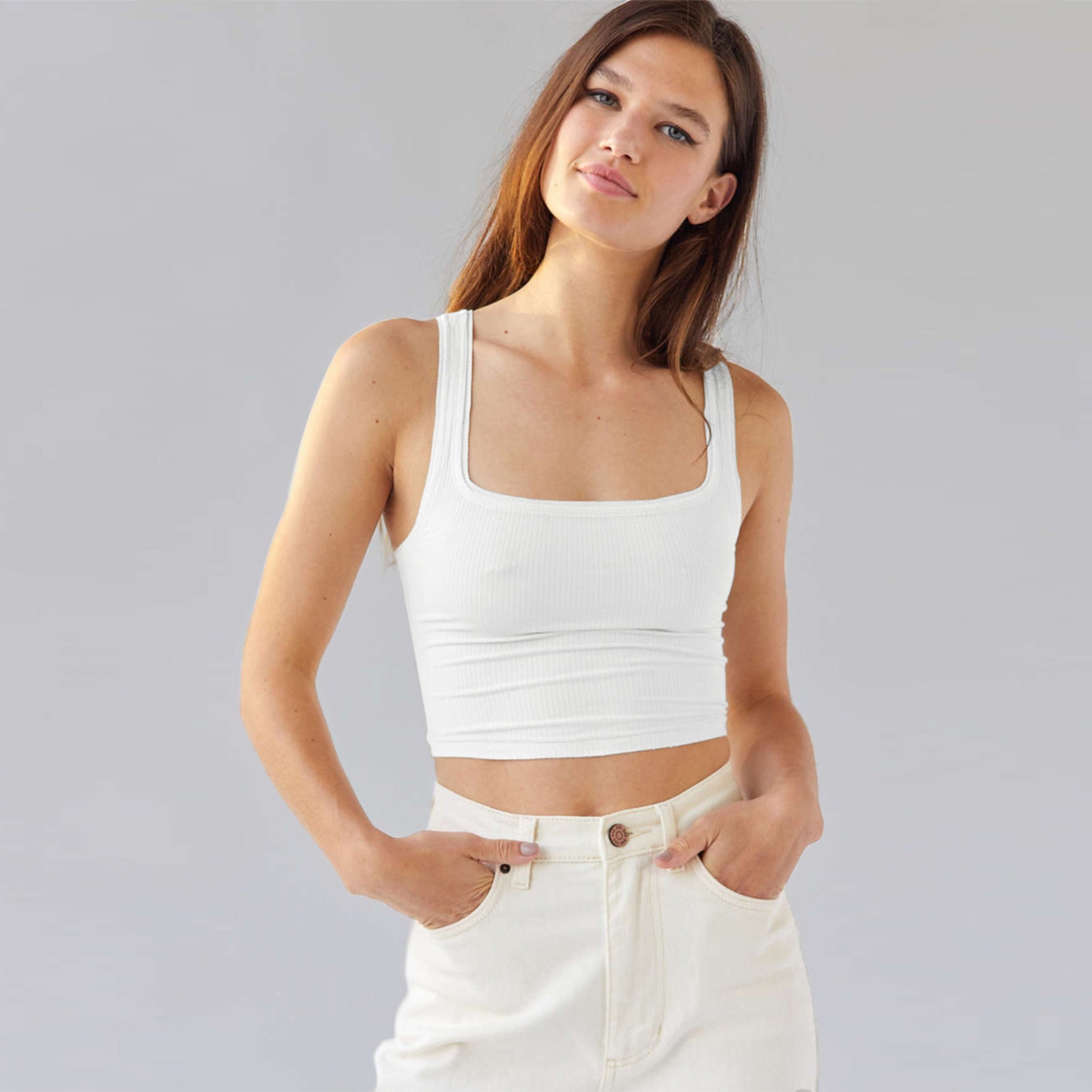 Crop Vest Top with Square Neck and Ribbed Stretch - white front view