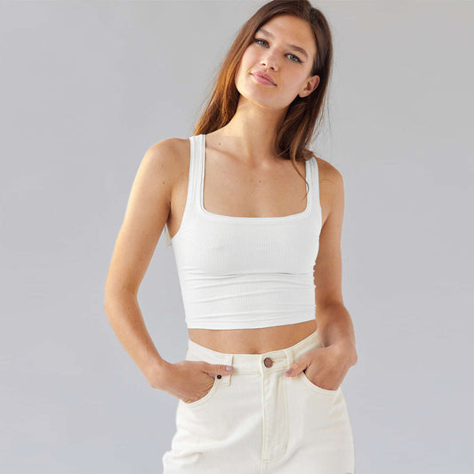 Crop Vest Top with Square Neck and Ribbed Stretch - white front view