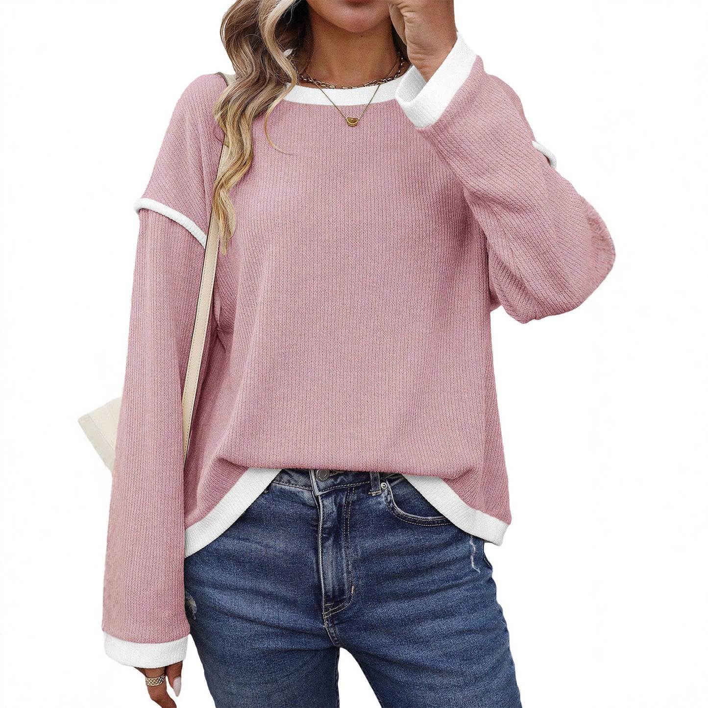 Knit Top with Contrast Trim and Long Sleeves - pink neckline and cuff detail