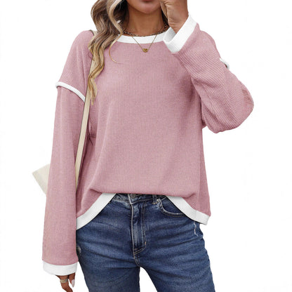 Knit Top with Contrast Trim and Long Sleeves - pink neckline and cuff detail