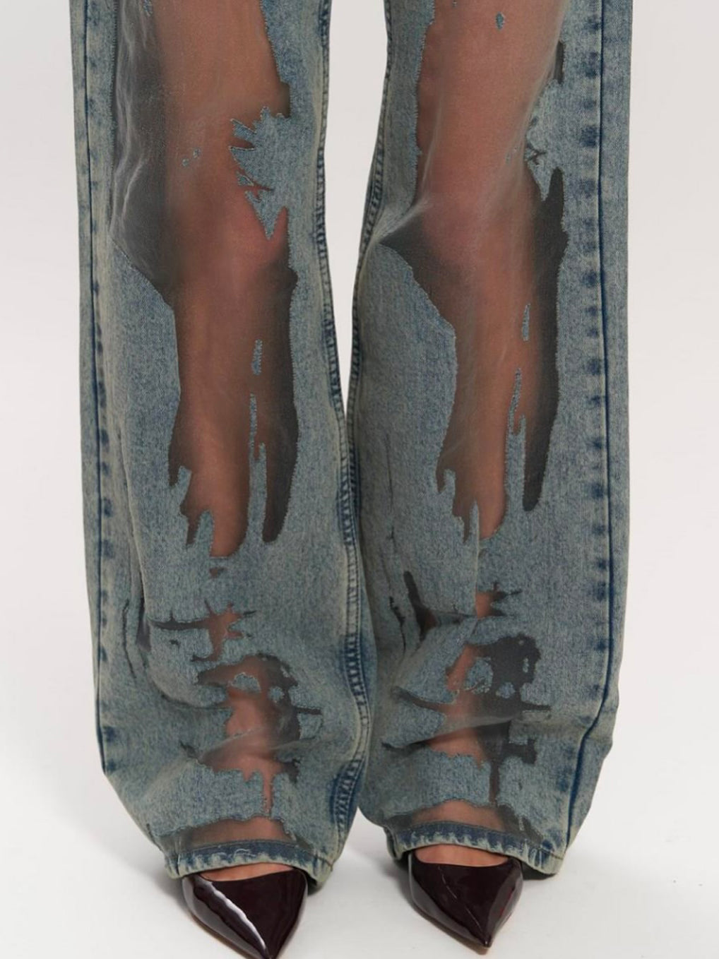 Wide-Leg Distressed Mesh Jeans in Blue - blue distressed mesh leg close-up