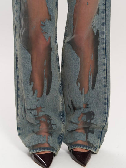 Wide-Leg Distressed Mesh Jeans in Blue - blue distressed mesh leg close-up