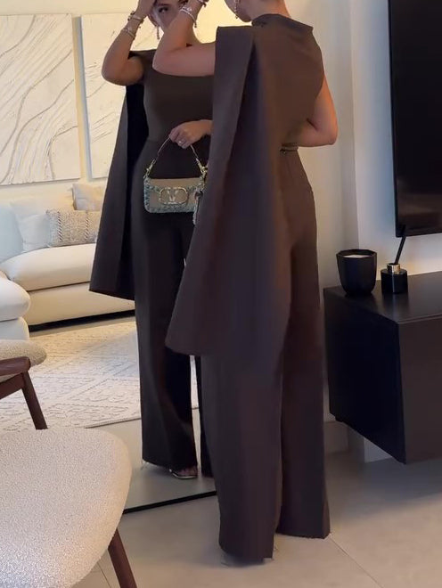 Brown Scarf-Drape Top & High-Waist Wide-Leg Trousers Co-ord – angled front view showing scarf-drape detail