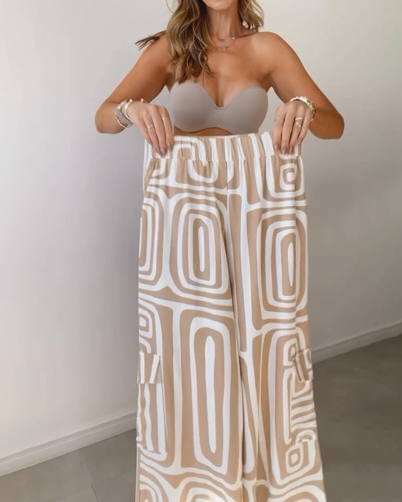 Wide-Leg Trousers & Relaxed Shirt Co-Ord Set in Geometric Print - khaki elastic waistband stretch detail