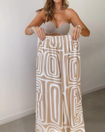 Wide-Leg Trousers & Relaxed Shirt Co-Ord Set in Geometric Print - khaki elastic waistband stretch detail