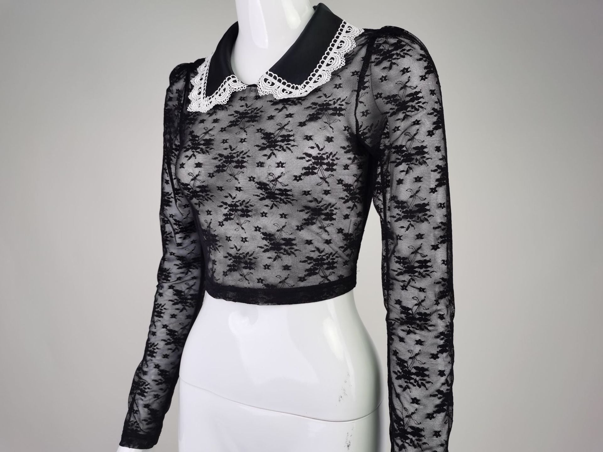 Crop Top in Sheer Black Lace with Pearl Collar - black angled front mannequin view