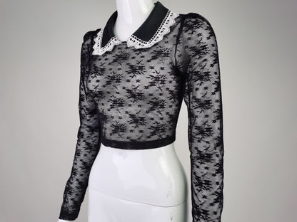 Crop Top in Sheer Black Lace with Pearl Collar - black angled front mannequin view