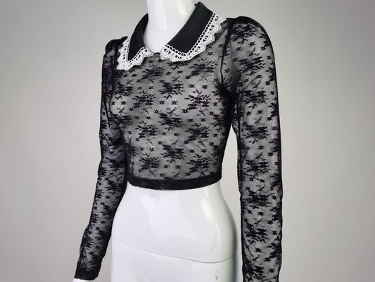 Crop Top in Sheer Black Lace with Pearl Collar - black angled front mannequin view