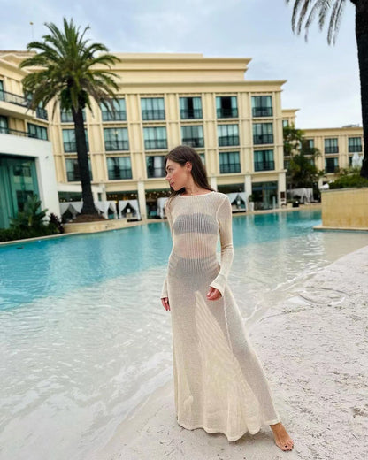Maxi Dress in Sheer Open-Knit Cotton - Apricot front view by pool