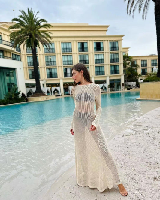 Maxi Dress in Sheer Open-Knit Cotton - Apricot front view by pool
