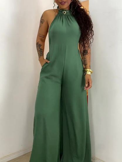Halter-Neck Backless Wide-Leg Jumpsuit in Green - front view