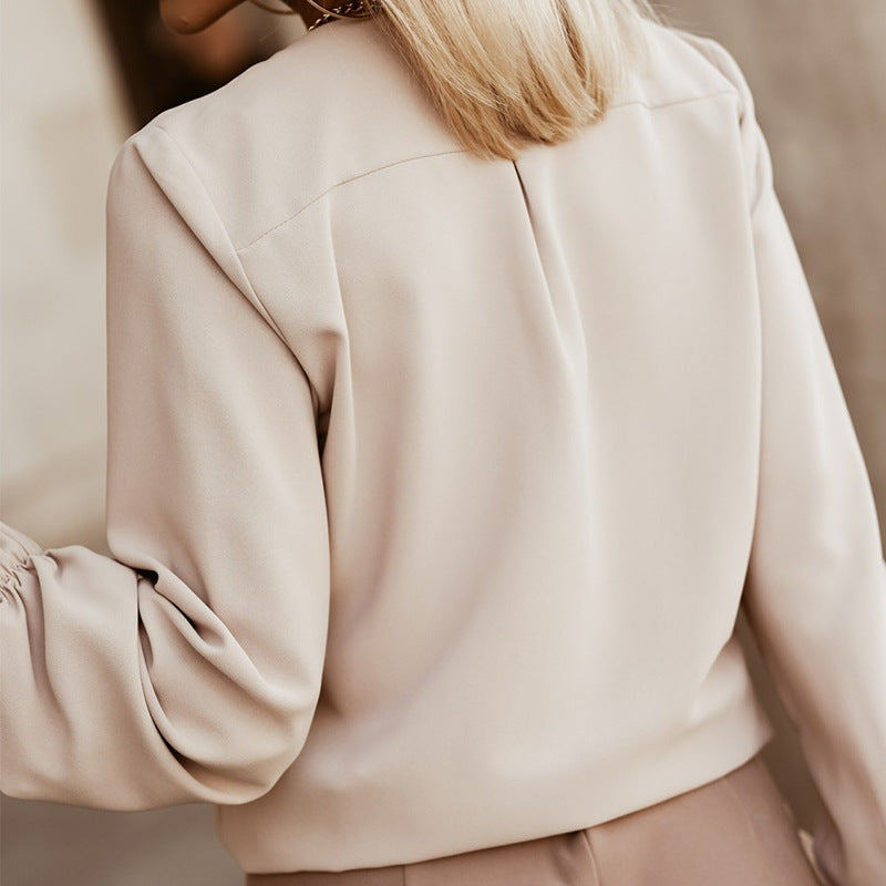 Blouse with Pleated Split Neck and Blouson Sleeves - khaki back view