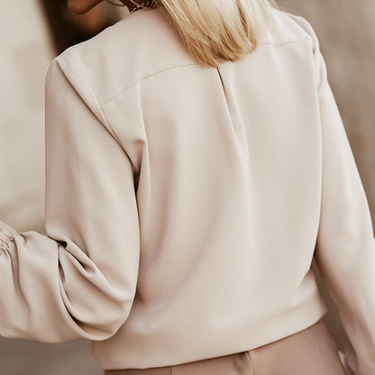 Blouse with Pleated Split Neck and Blouson Sleeves - khaki back view