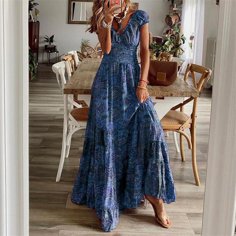 Maxi Dress in Floral Print with Tiered Skirt and V-Neck - Blue full-length front view