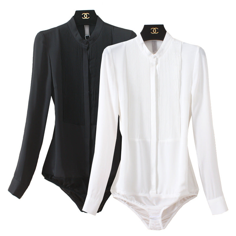 Bodysuit Blouse in Pleated Chiffon with Stand Collar - black and white colour comparison