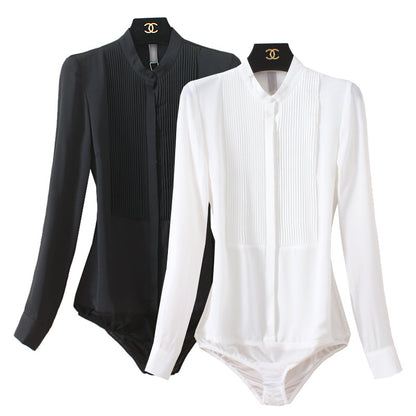 Bodysuit Blouse in Pleated Chiffon with Stand Collar - black and white colour comparison