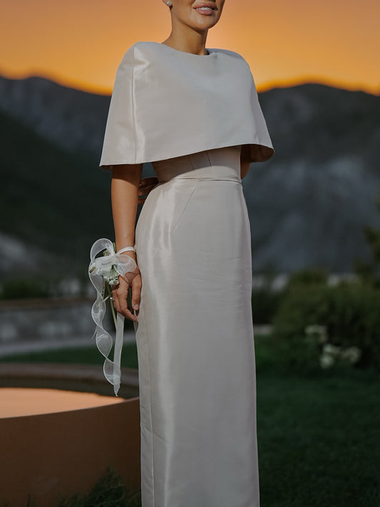 Cape-Style Top & Column Maxi Dress Set in Ivory Satin - ivory full-length front view