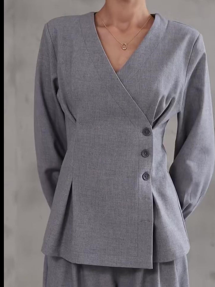 Asymmetric V-Neck Top & Wide-Leg Trouser Co-Ord in Grey - grey v-neck front close-up