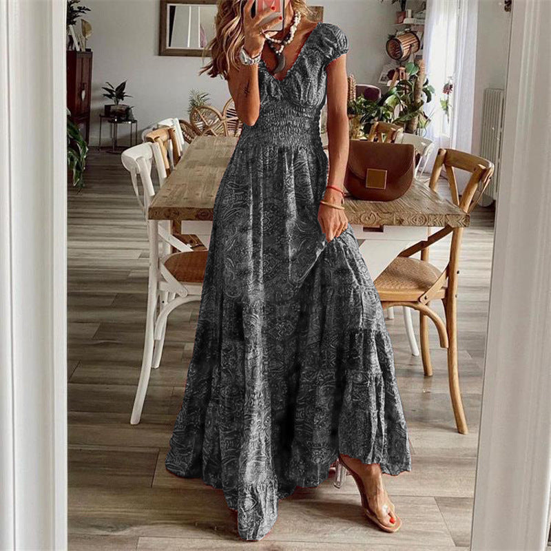 Maxi Dress in Floral Print with Tiered Skirt and V-Neck - Grey full-length front view