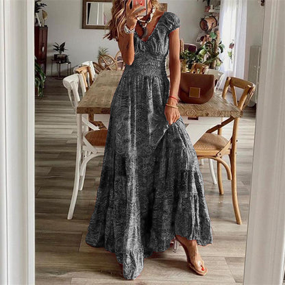 Maxi Dress in Floral Print with Tiered Skirt and V-Neck - Grey full-length front view