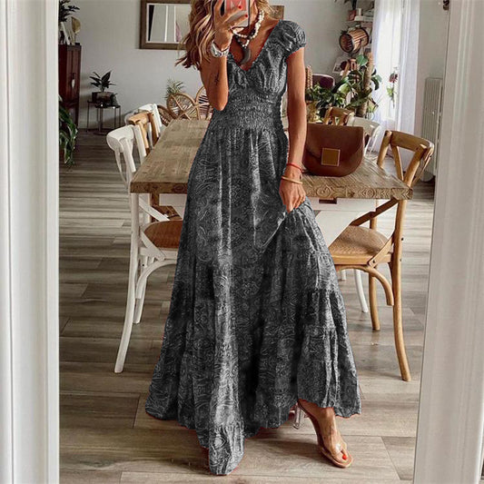 Maxi Dress in Floral Print with Tiered Skirt and V-Neck - Grey full-length front view