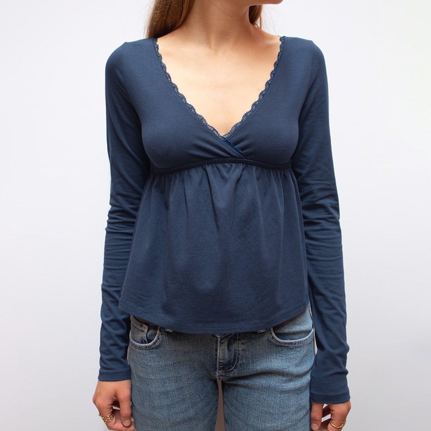 Long Sleeve Babydoll Top in Navy with Lace-Trim V-Neck - navy front fit view